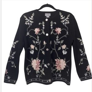 Vintage Carroll Reed Black Wool Floral Embroidered Boho Button Down Cardigan